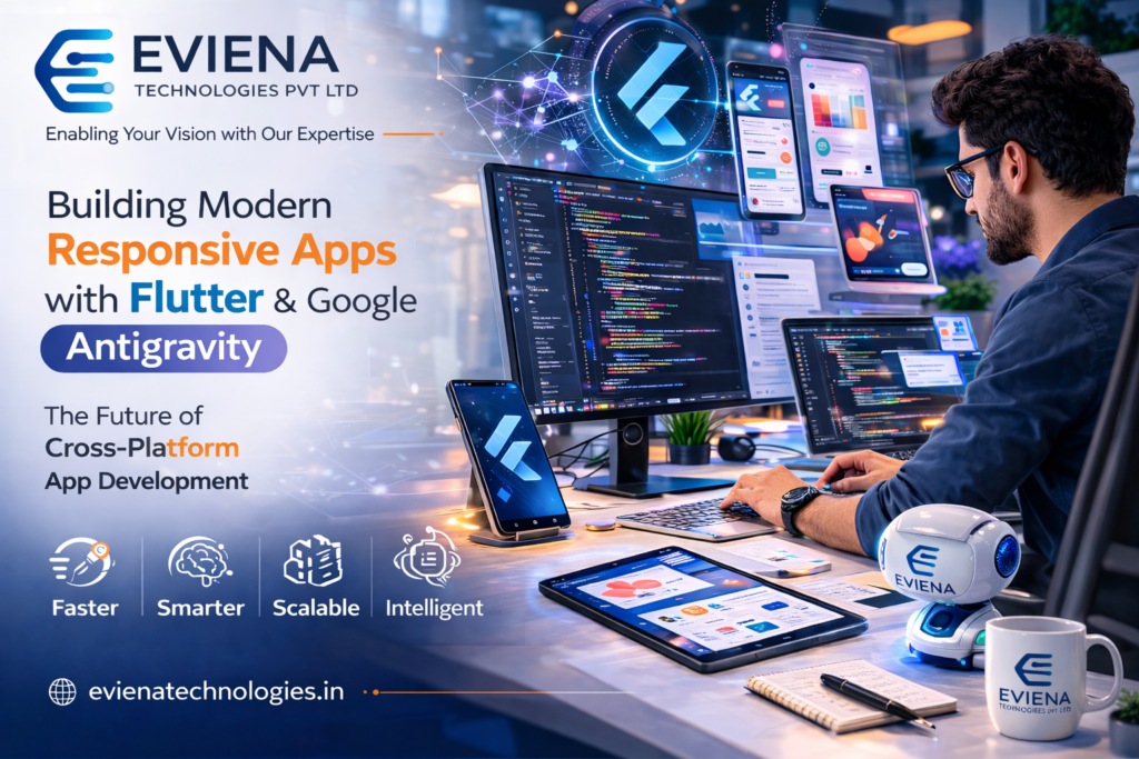 Flutter development, Flutter responsive apps, Google Antigravity IDE, cross-platform development, Flutter UI design, Dart development, AI assisted development, Eviena Technologies Flutter services